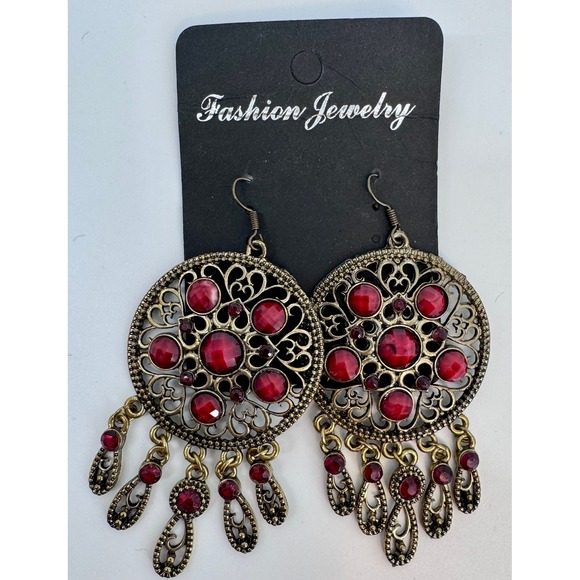 Jewelry - Boho Red Gem Round Chandelier Dangle Earrings Antiq Gold Tone Dream Catcher NWT